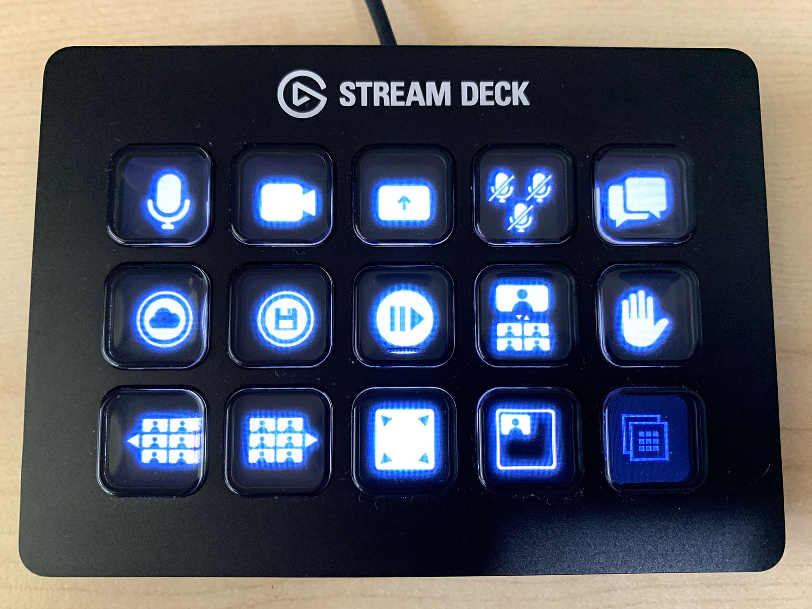 A Stream Deck showing a set of icons for Zoom
