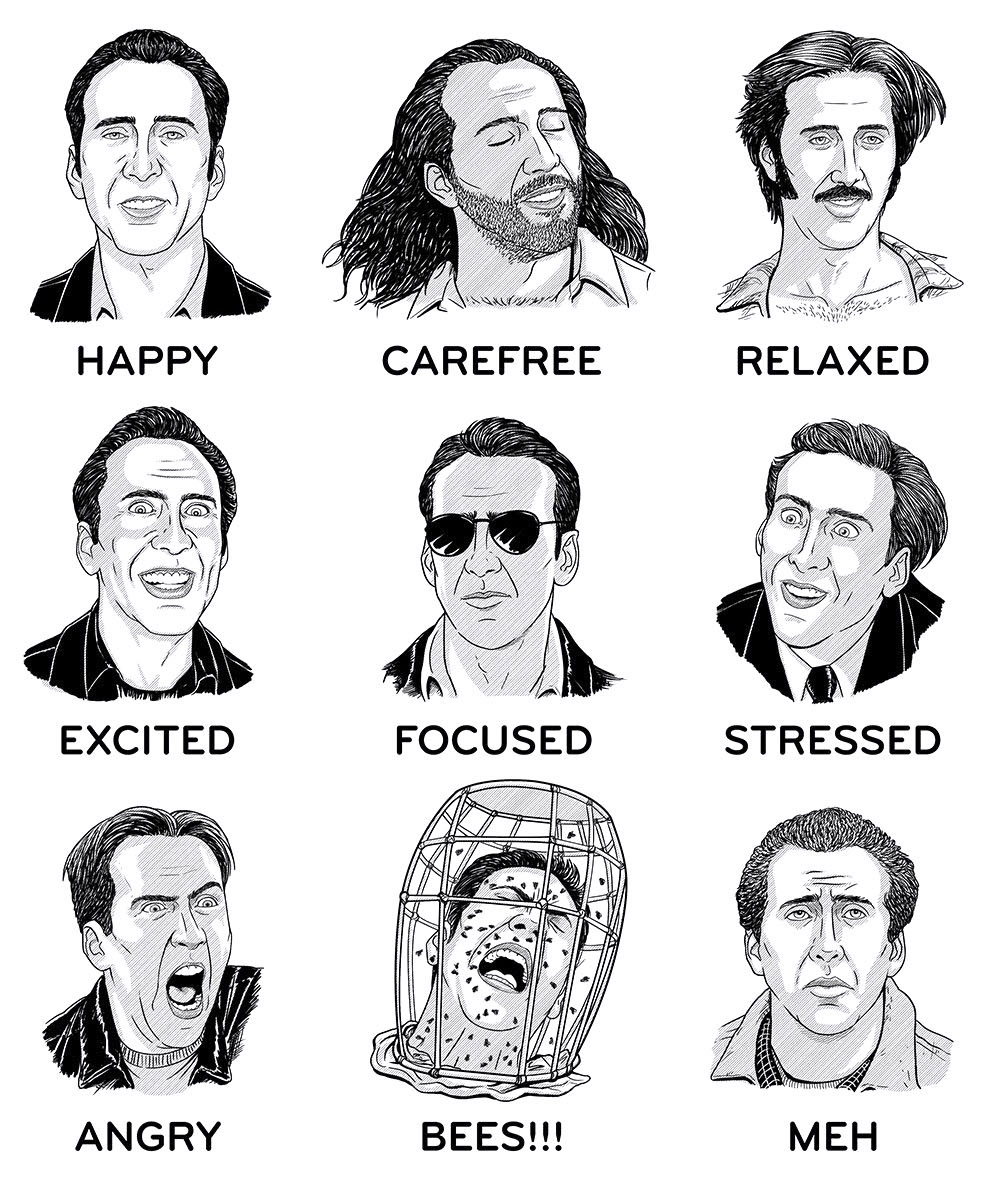 The Nicolas Cage Gauge, a set of different faces of Nicolas Cage to represent different moods