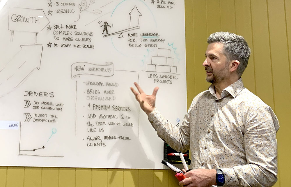 A photo of Ben Crothers drawing and talking at the whiteboard