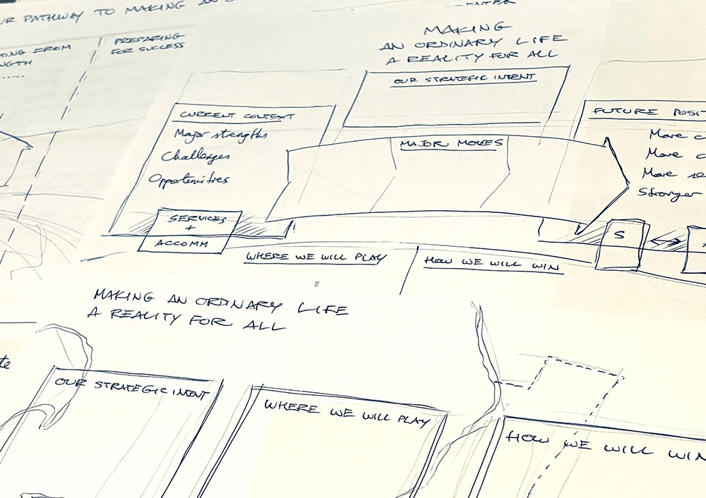 A photo of several rough pencil drafts of a rich picture