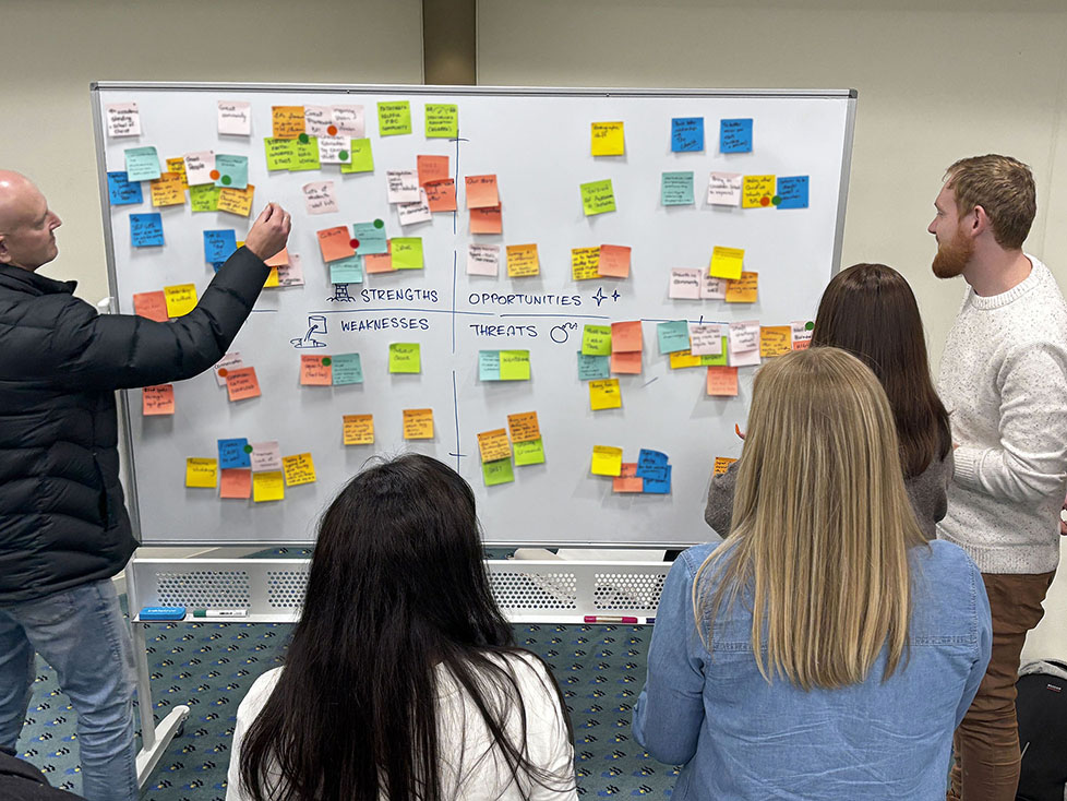 A photo of a group doing a SWOT analysis using sticky notes on a whiteboard during a strategic planning day