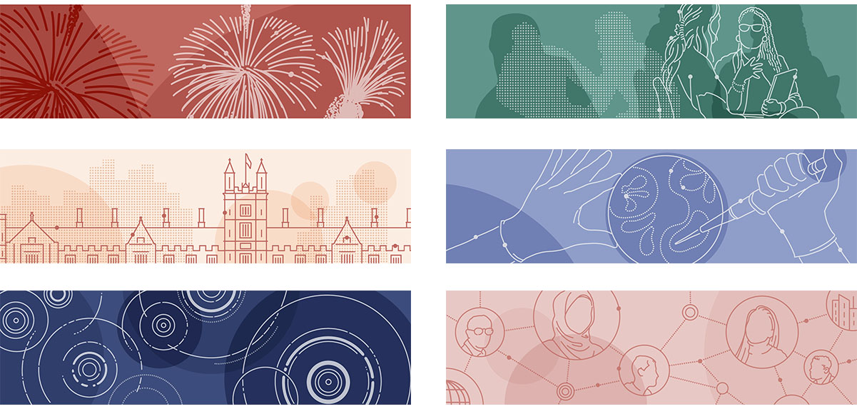 A composite image showing 6 website header illustrations of a variety of different research topics