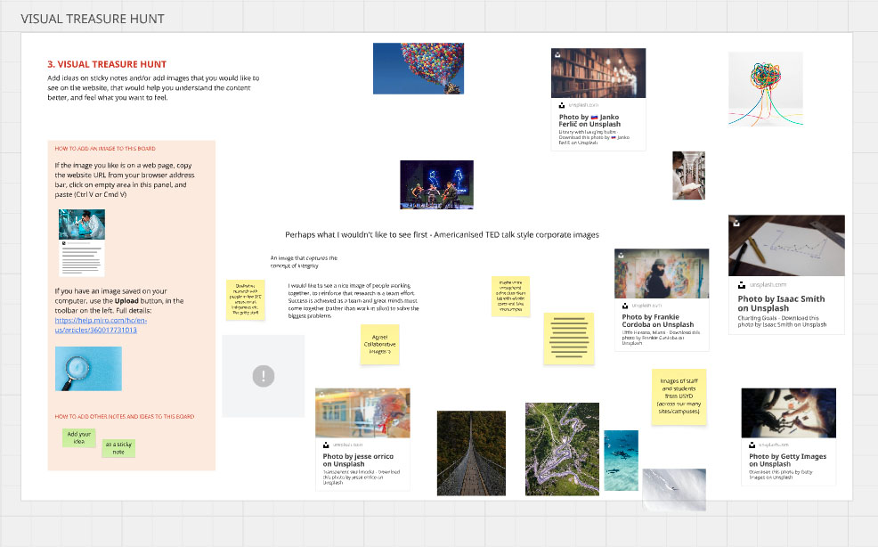 A screenshot of a Miro board with client ideas and feedback
