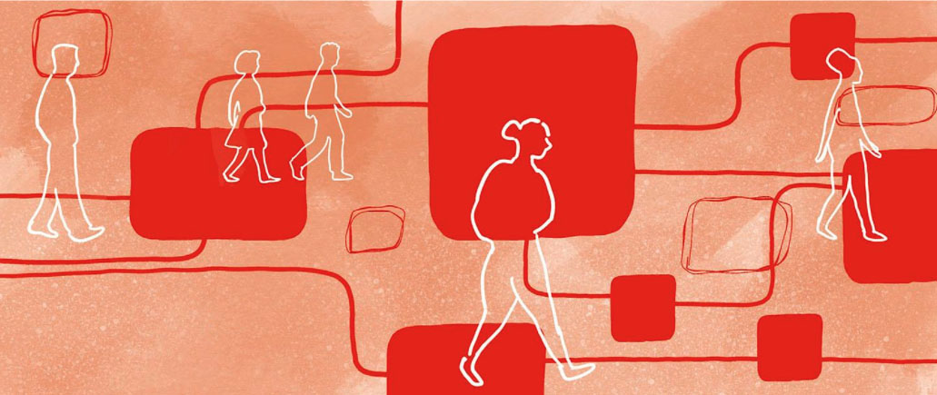 A hand-drawn image of some silhouettes of people walking from left to right against an abstract red background