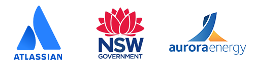 Client logos of Atlassian, Aurora Energy, and the NSW Government