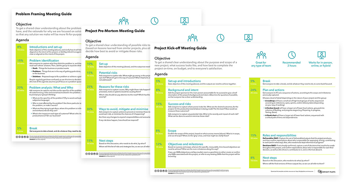 A picture of 3 meeting guide documents available for download as PDFs