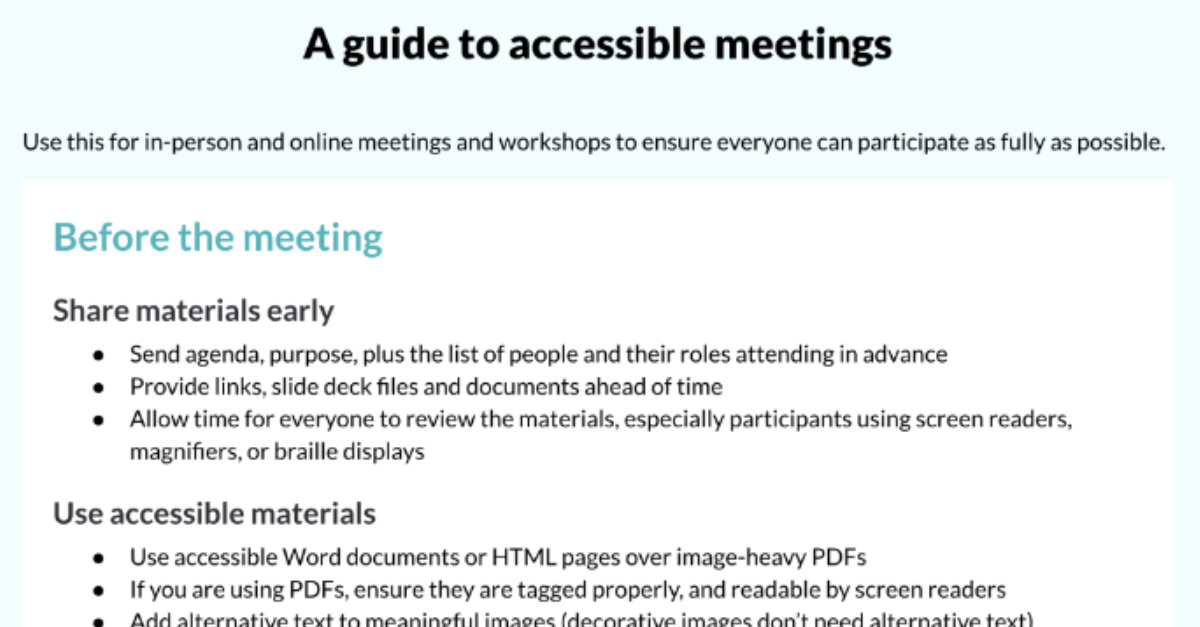 An image showing part of page 1 of the accessibility meeting guide