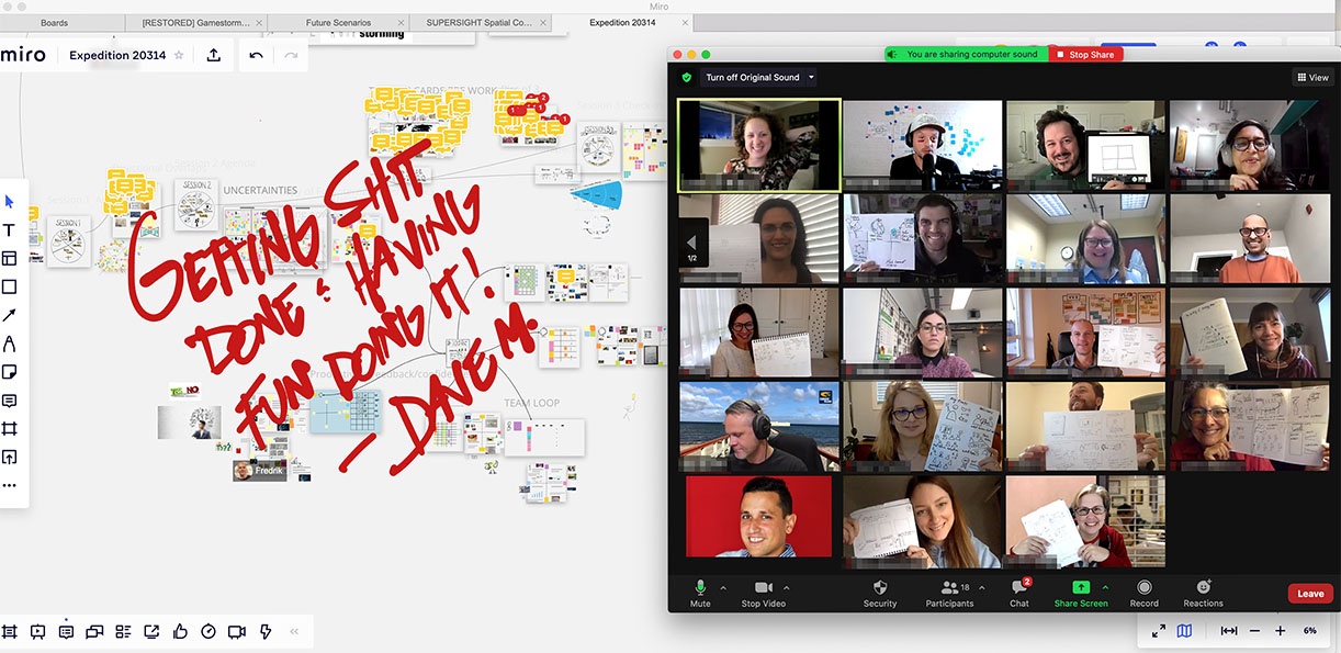 A screenshot of a Zoom call and online canvas during a Gamestorming Expeditions session