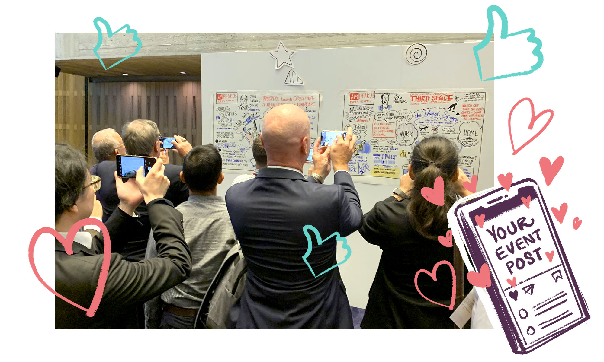 A photo of several people taking photos on their phones of a graphic recording chart by Ben Crothers