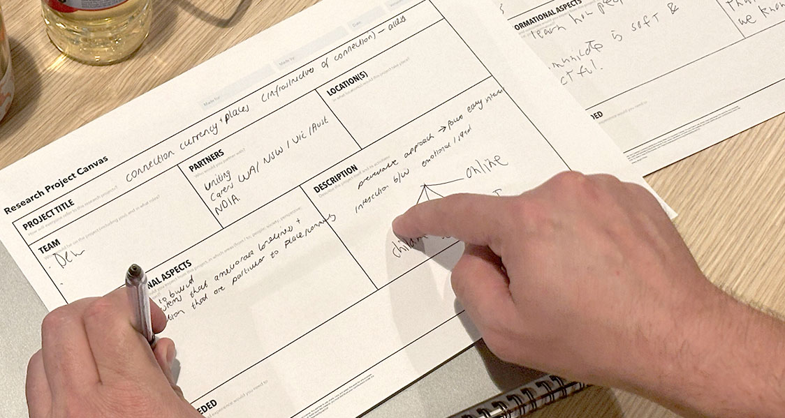 A photo of someone capturing their thoughts using a Research Canvas, bespoke designed by Bright Pilots